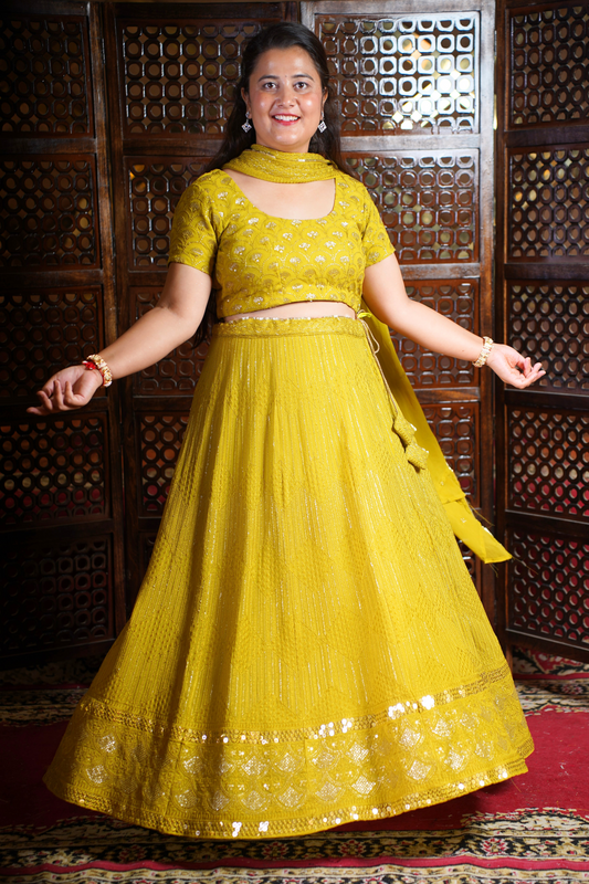 Olive Sequin Georgette Lehenga Set