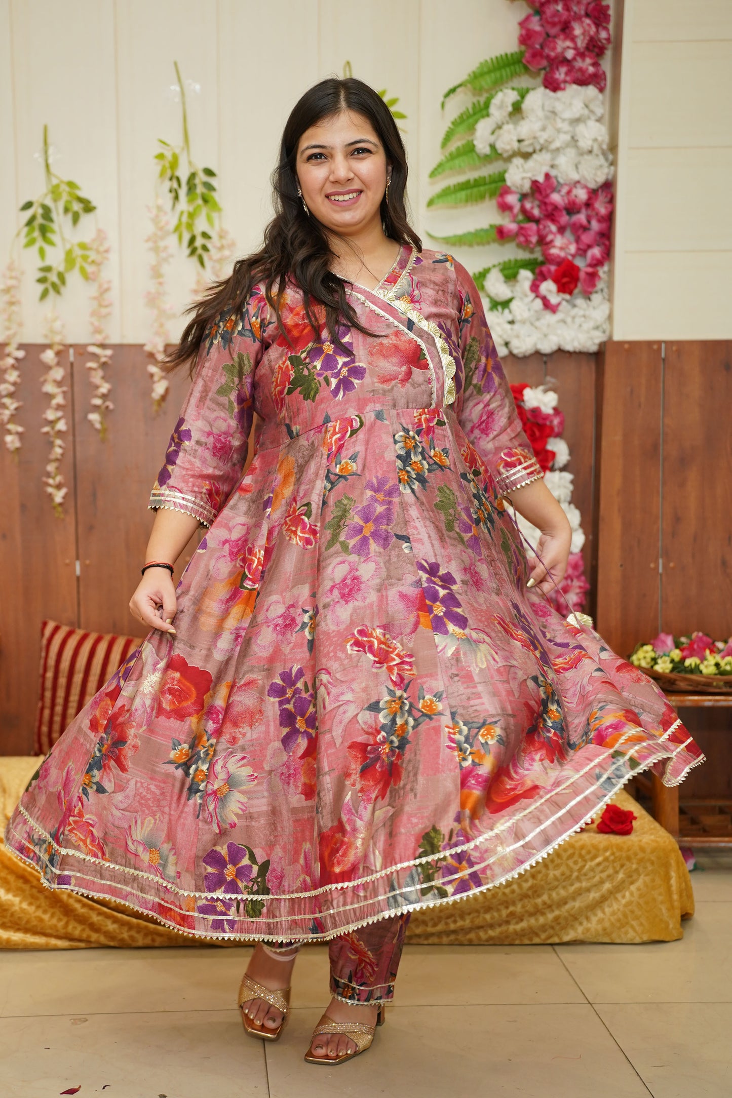 Onion Orchid Floral Anarkali Set