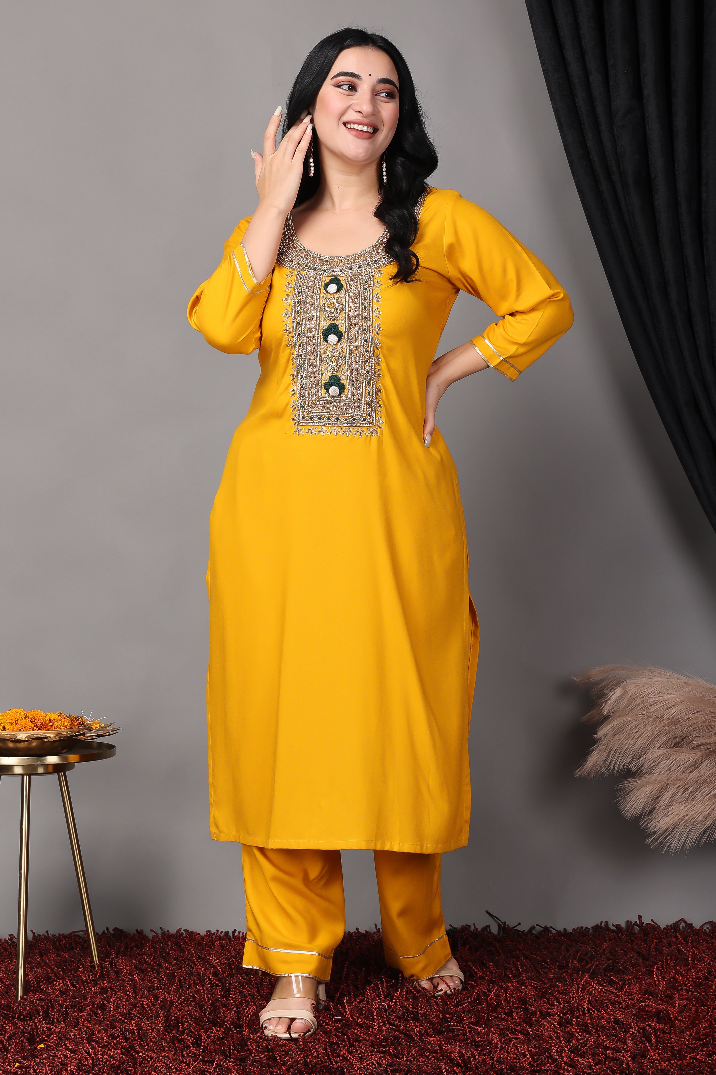 Buy Vark Mustard Embroidered Kurta, Solid Palazzos, and Dupatta Set from  Westside