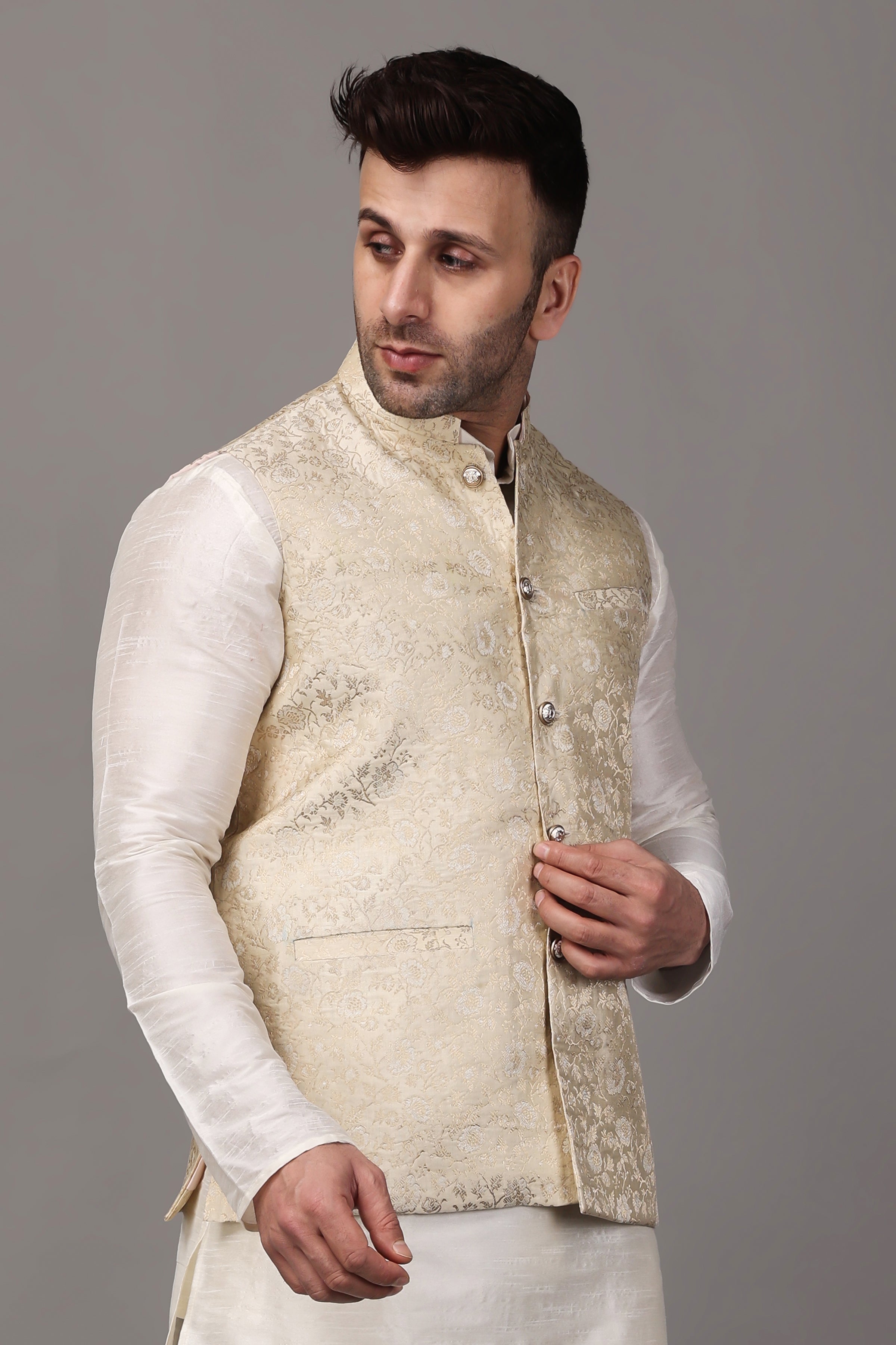 Off White Kurta Pajama With Nehru Jacket