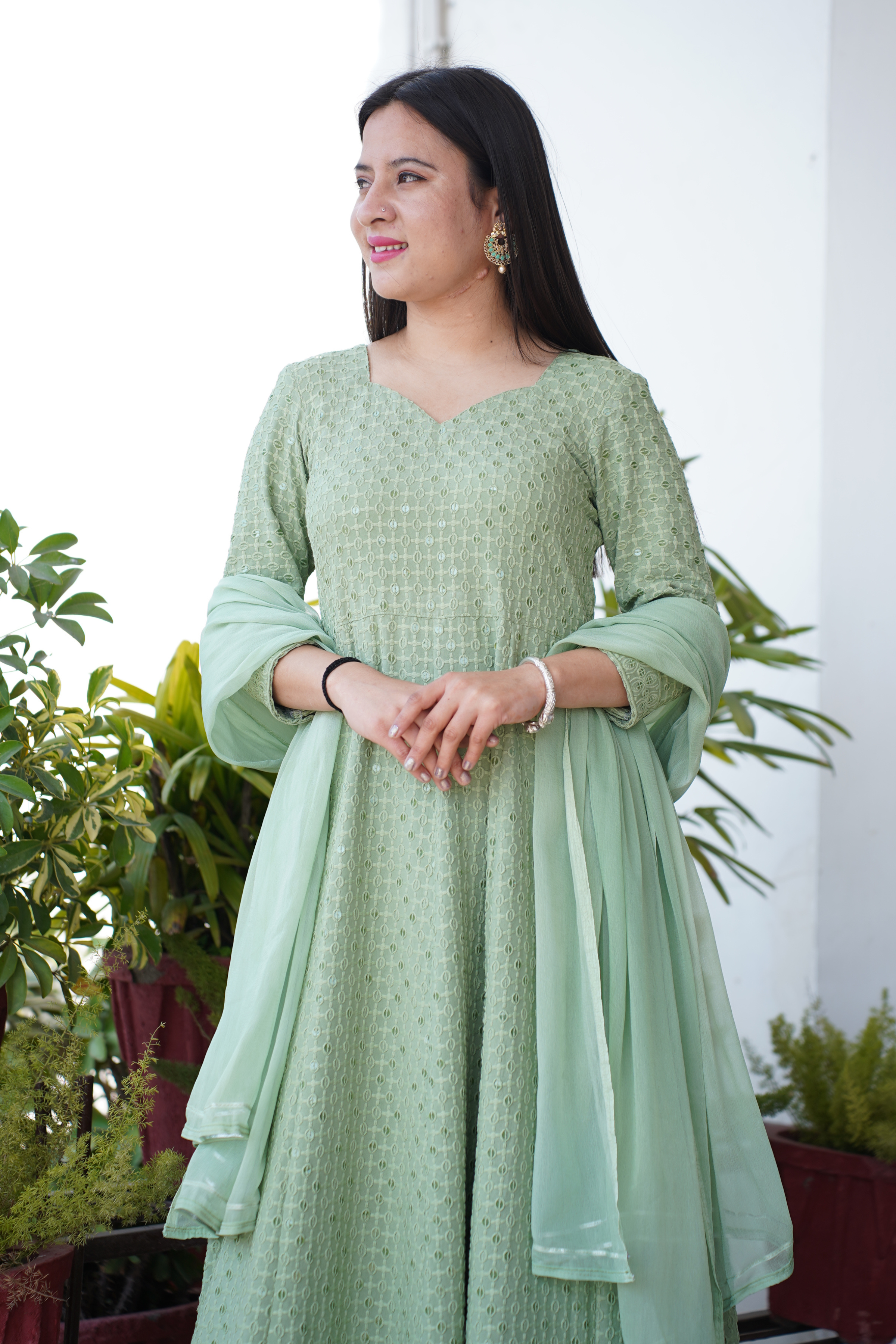 Pista Green Self-Design Aura Zari Weave Gown Dress