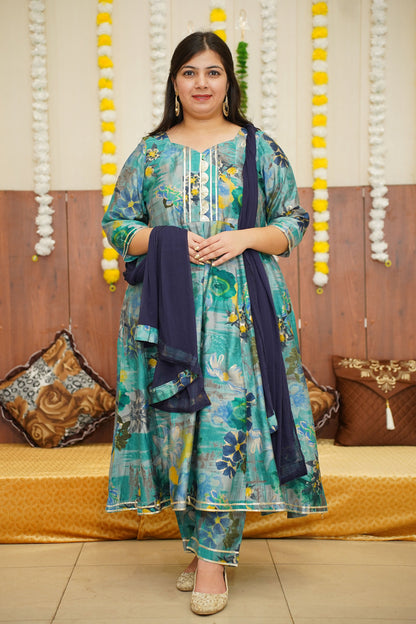 Dusty Blue Floral Anarkali Set