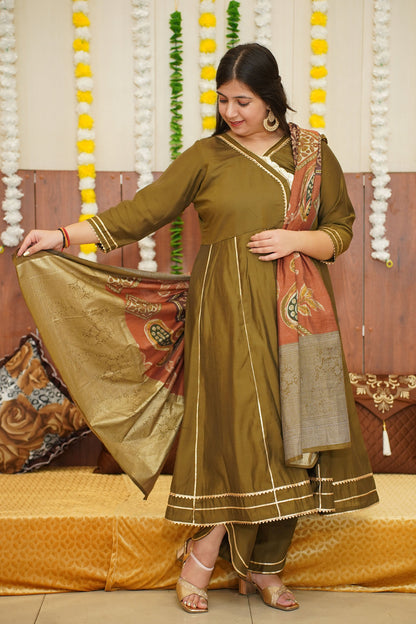 Olive Green Foiled Anarkali Set