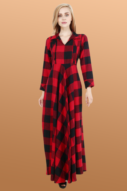 Red Check Woollen Dress | Apella.