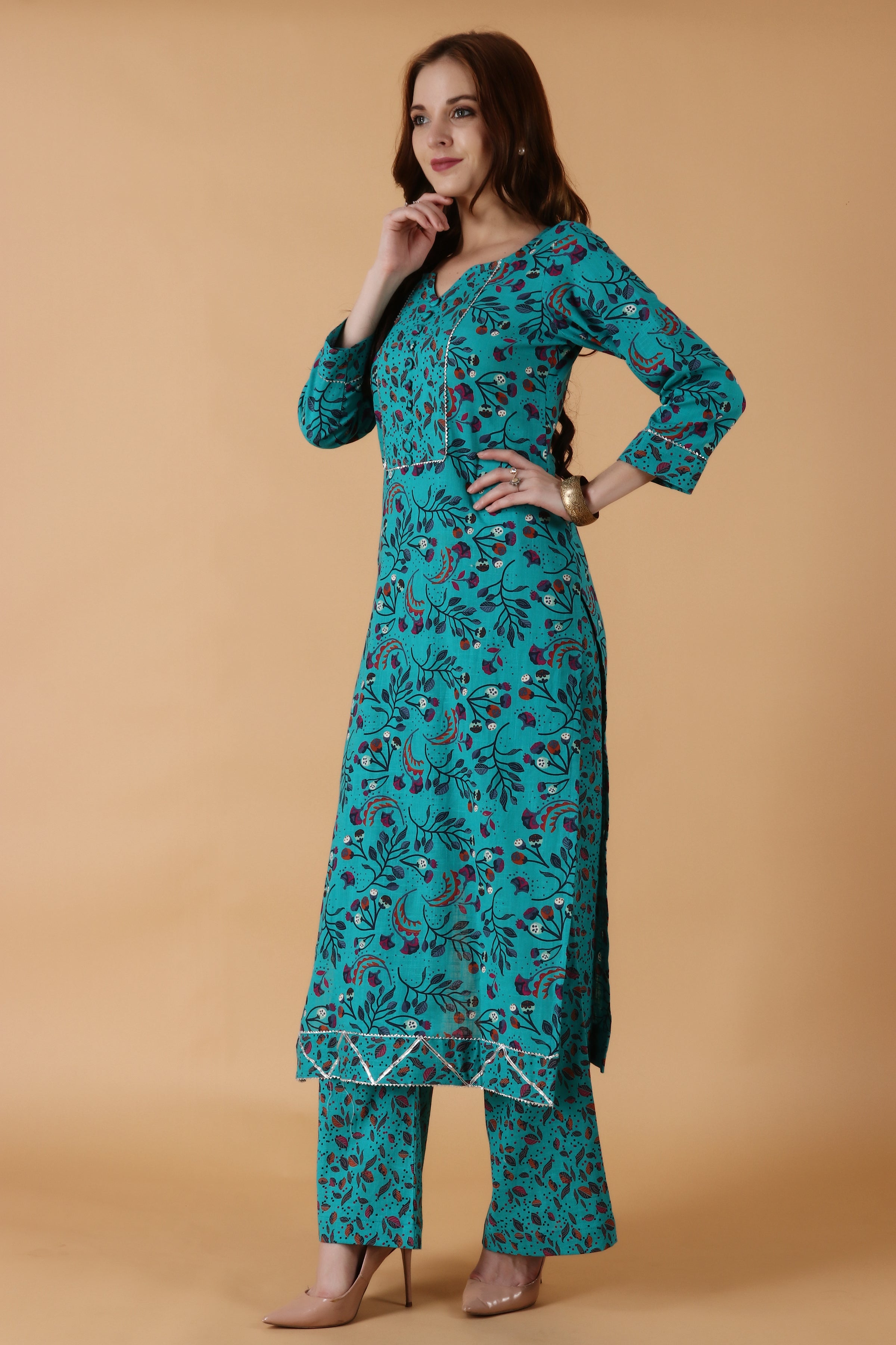 Women Plus Size Firozi Cotton Palazzo Salwar Suit  Apella