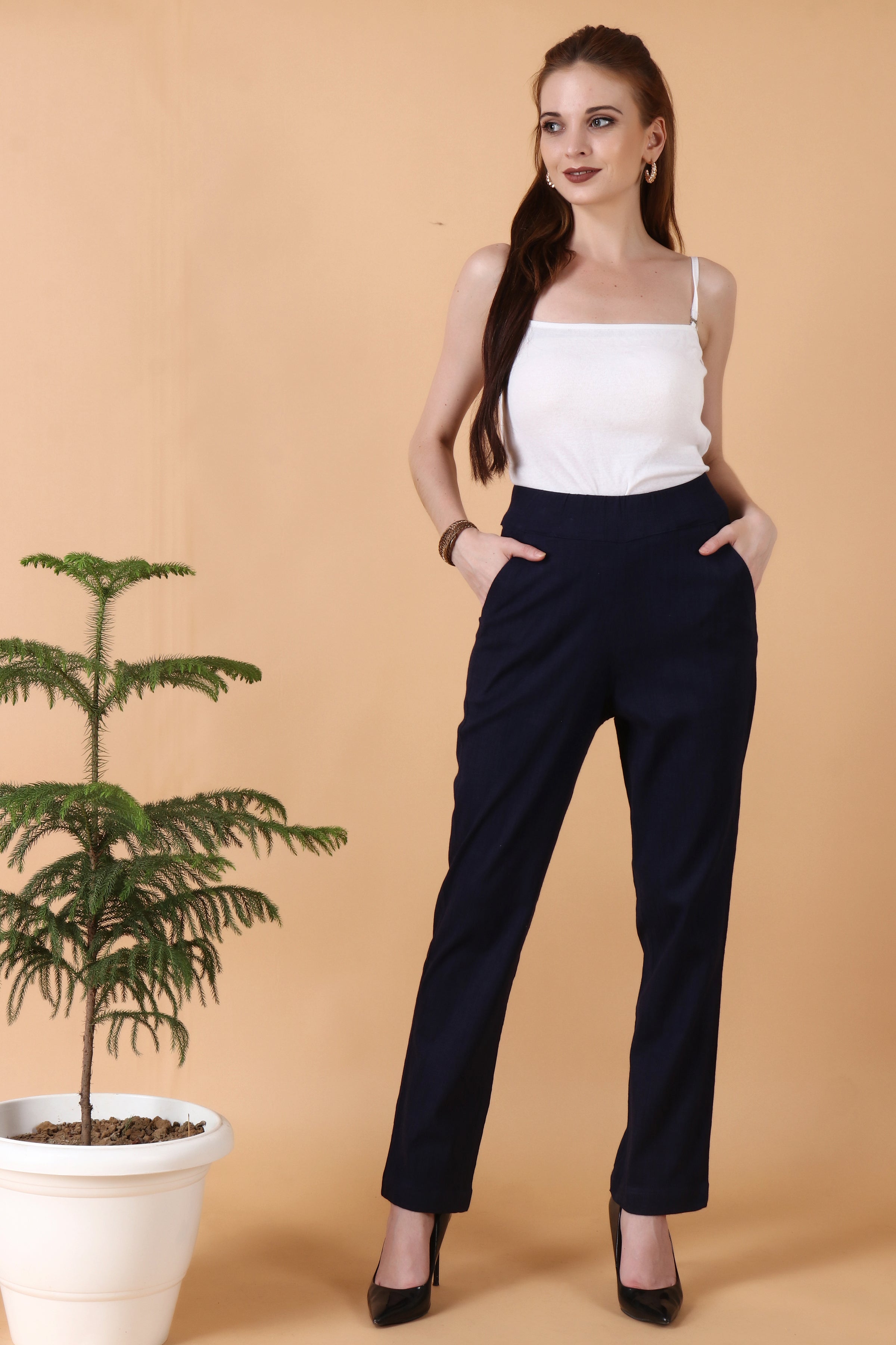 Womens Slim Fit Cotton Lycra Casual Trousers  Stretchable Pants Ankle  Length BootCut Pants
