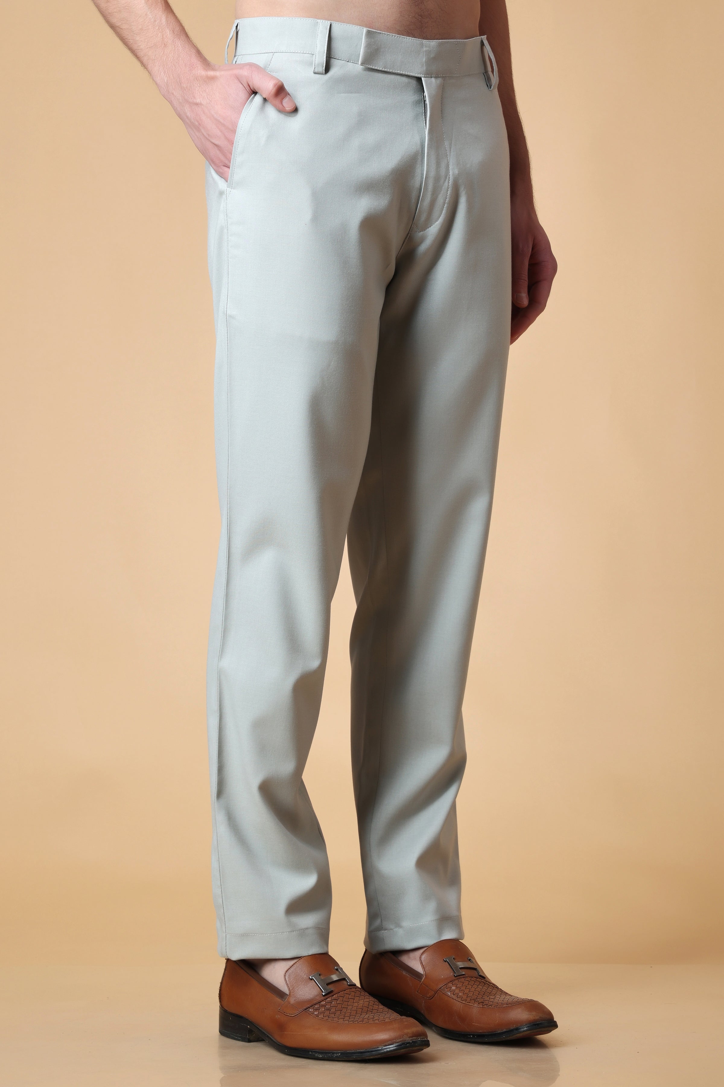 Hancock Men Grey Solid Cotton Stretch Slim Fit Formal Trouser