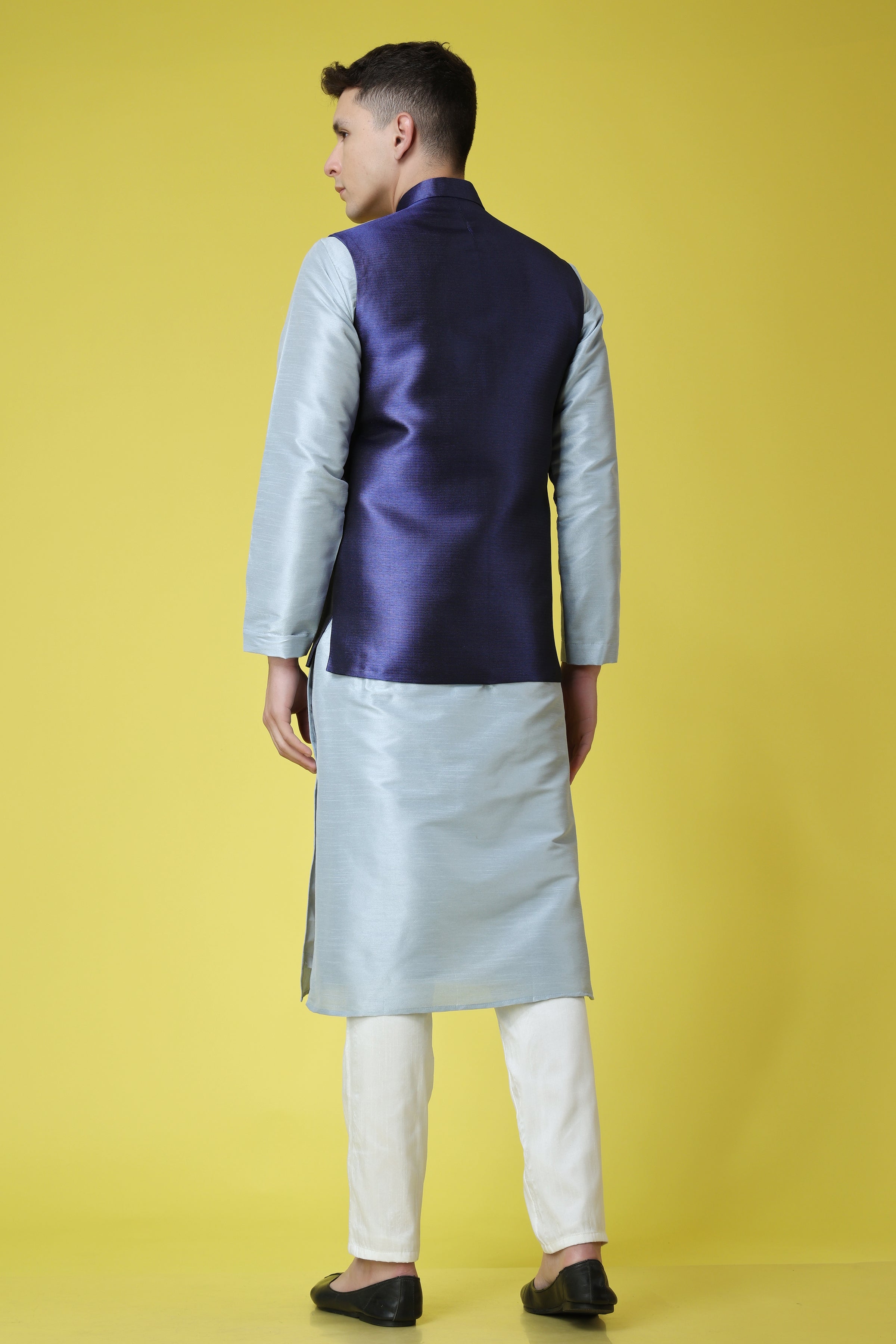Blue pure-silk jacket kurta set features pale blue full-sleeve kurta &  pants, contrast intricate floral printed jacket