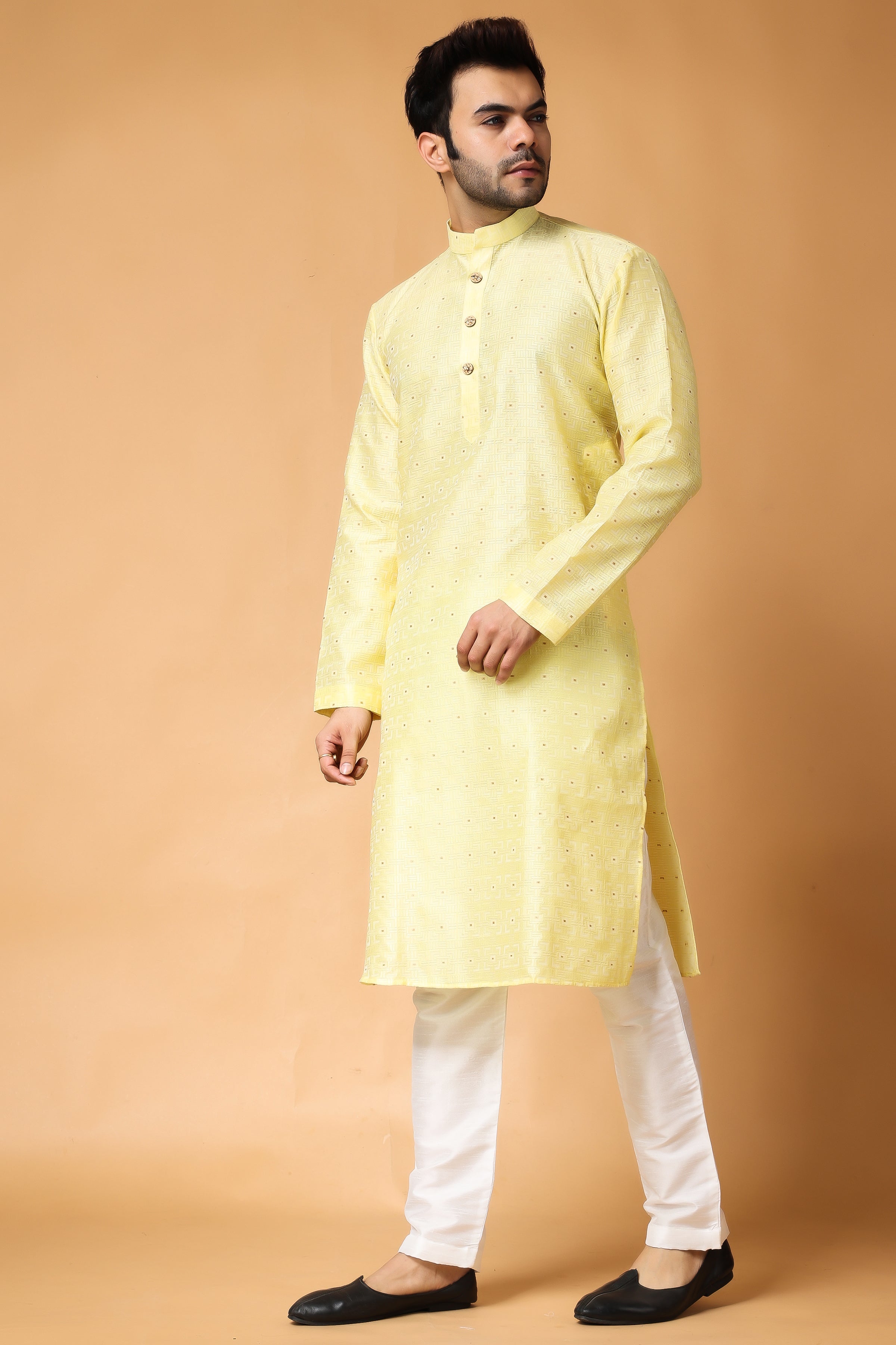 Yellow Kurta Pajama With Embroidered Nehru Jacket