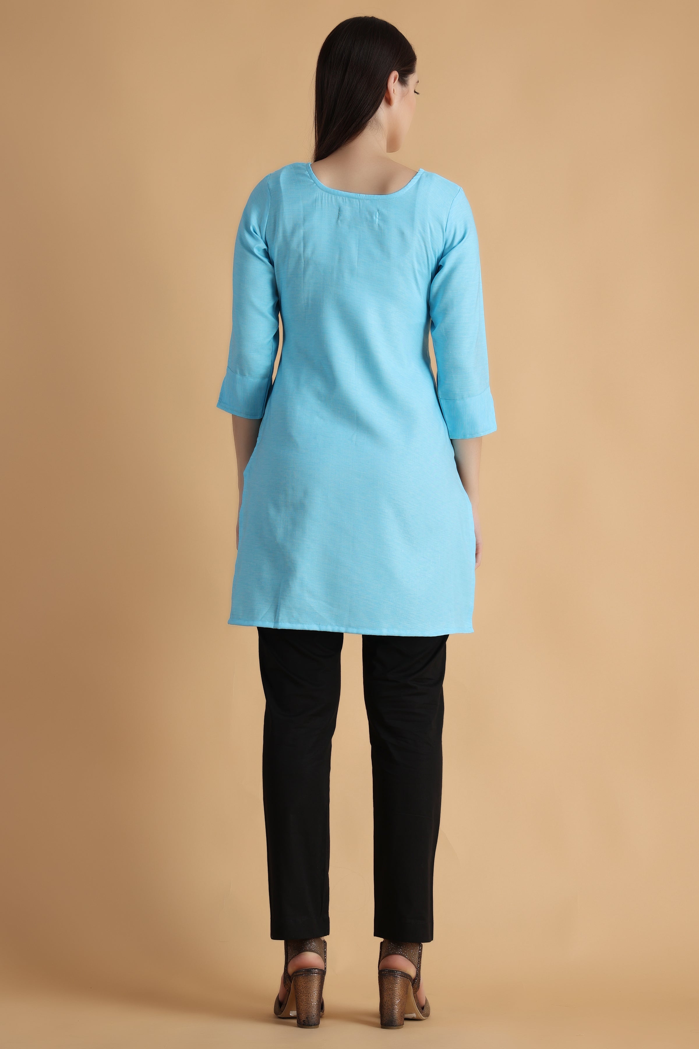 Women's Sky Blue Color Solid Straight Crepe Kurta - ziyaa - 3106218