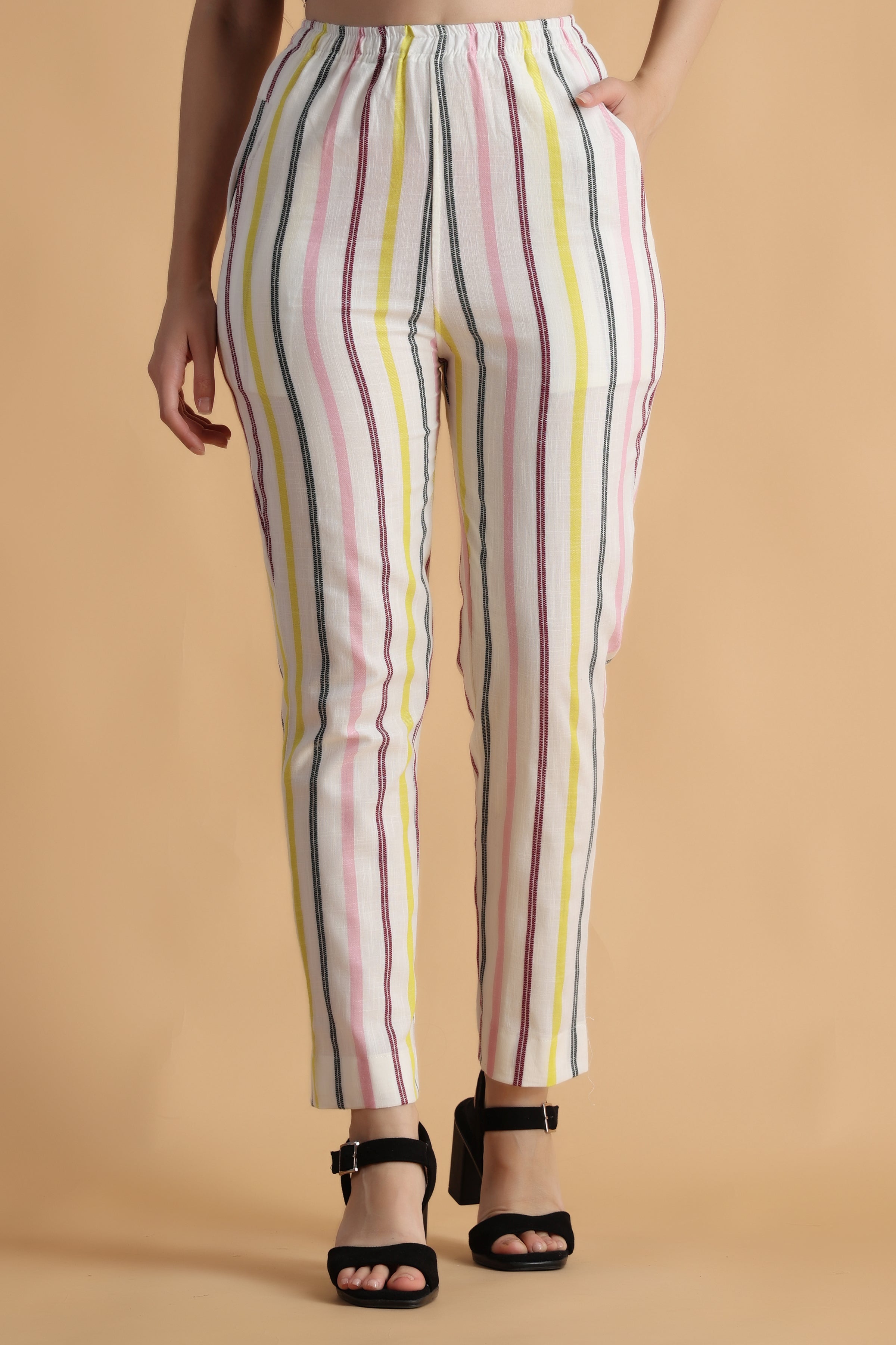 MSGM Beige High-Waist Striped Trousers for Women Online India at Darveys.com