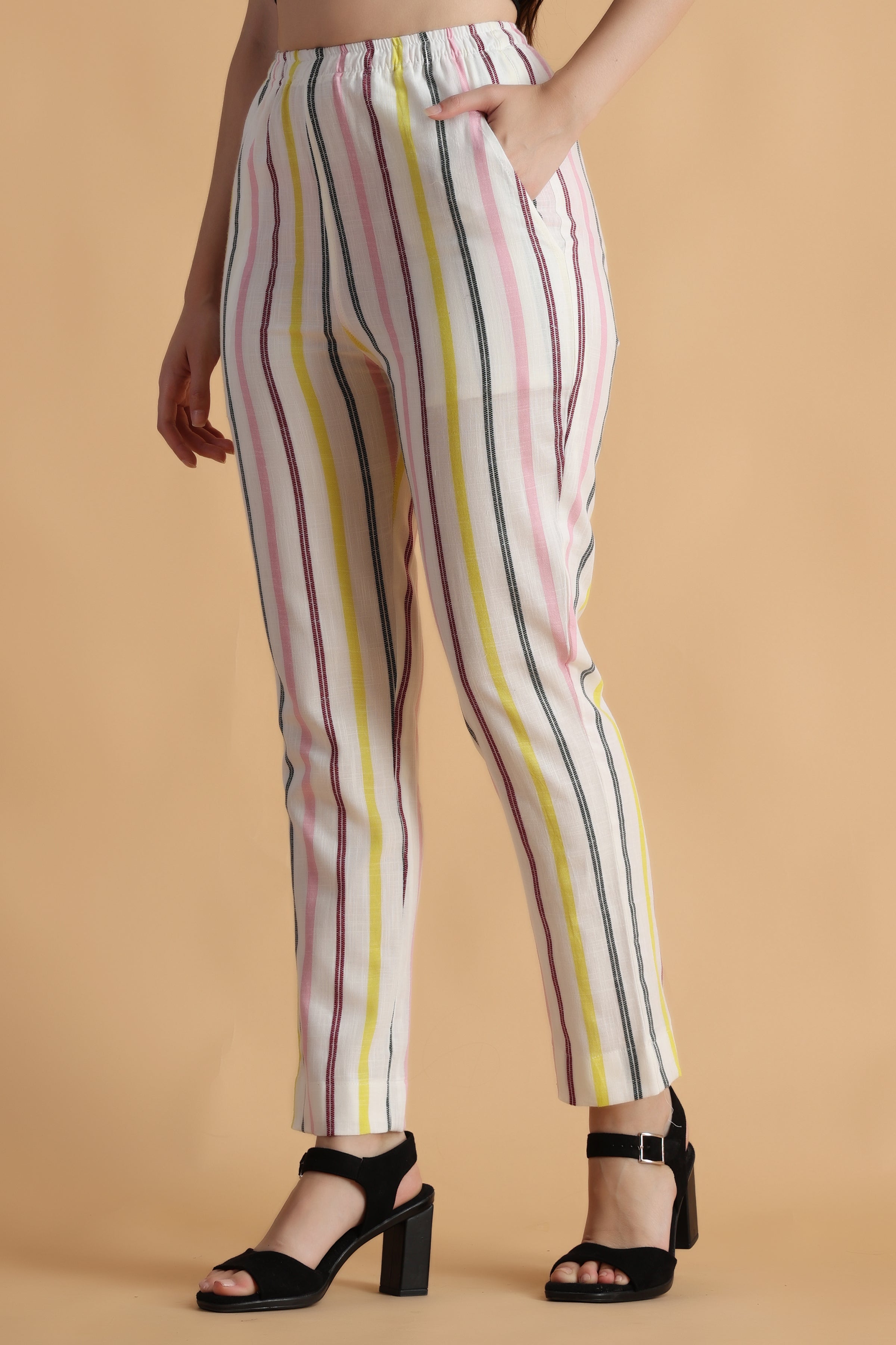 Belted High Waist Striped Trousers - SecilStore