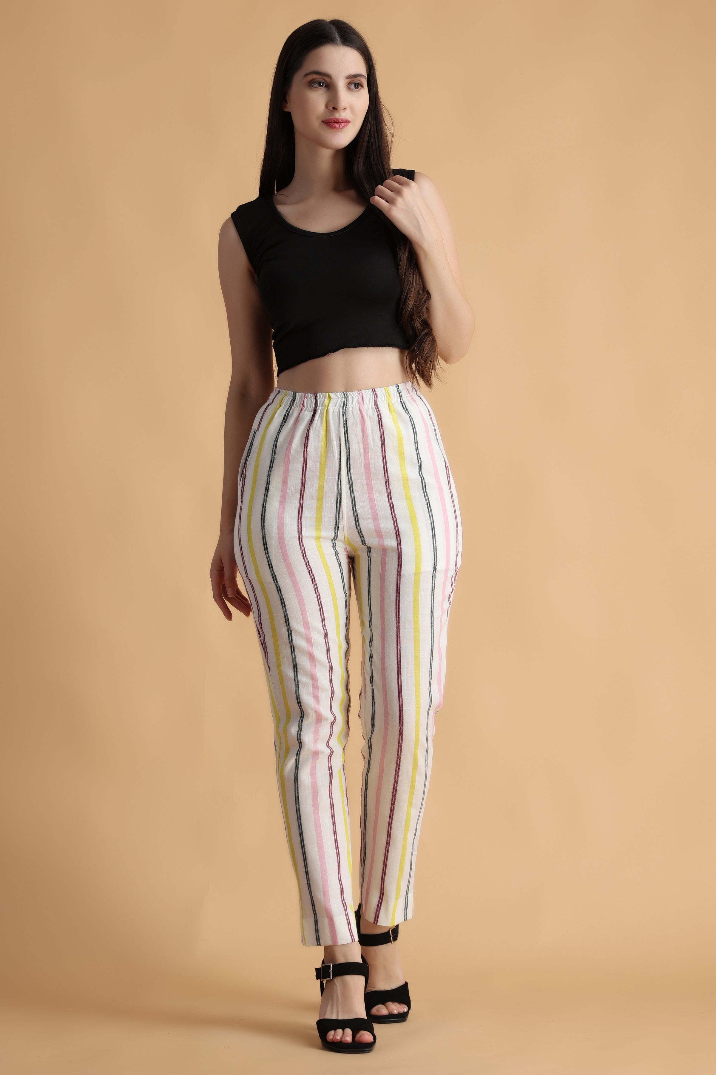 Rareism Women's Ransom Multi Modal Fabric Tailored Fit Mid Rise Stripe