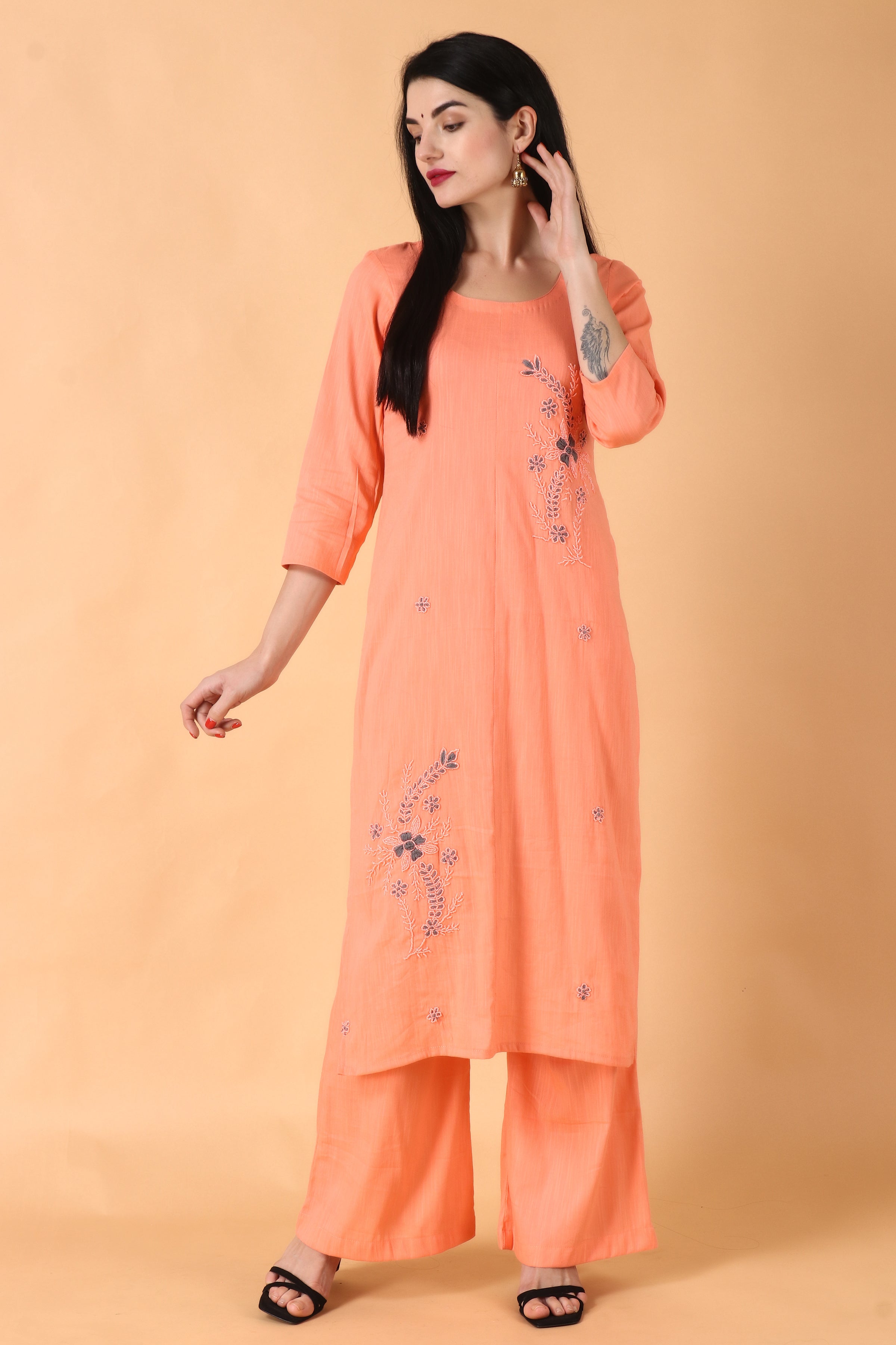 Solid Nude Peach Knee length Kurti with Embroidered Sleeve-23SLK04076-18A –  Lakshita