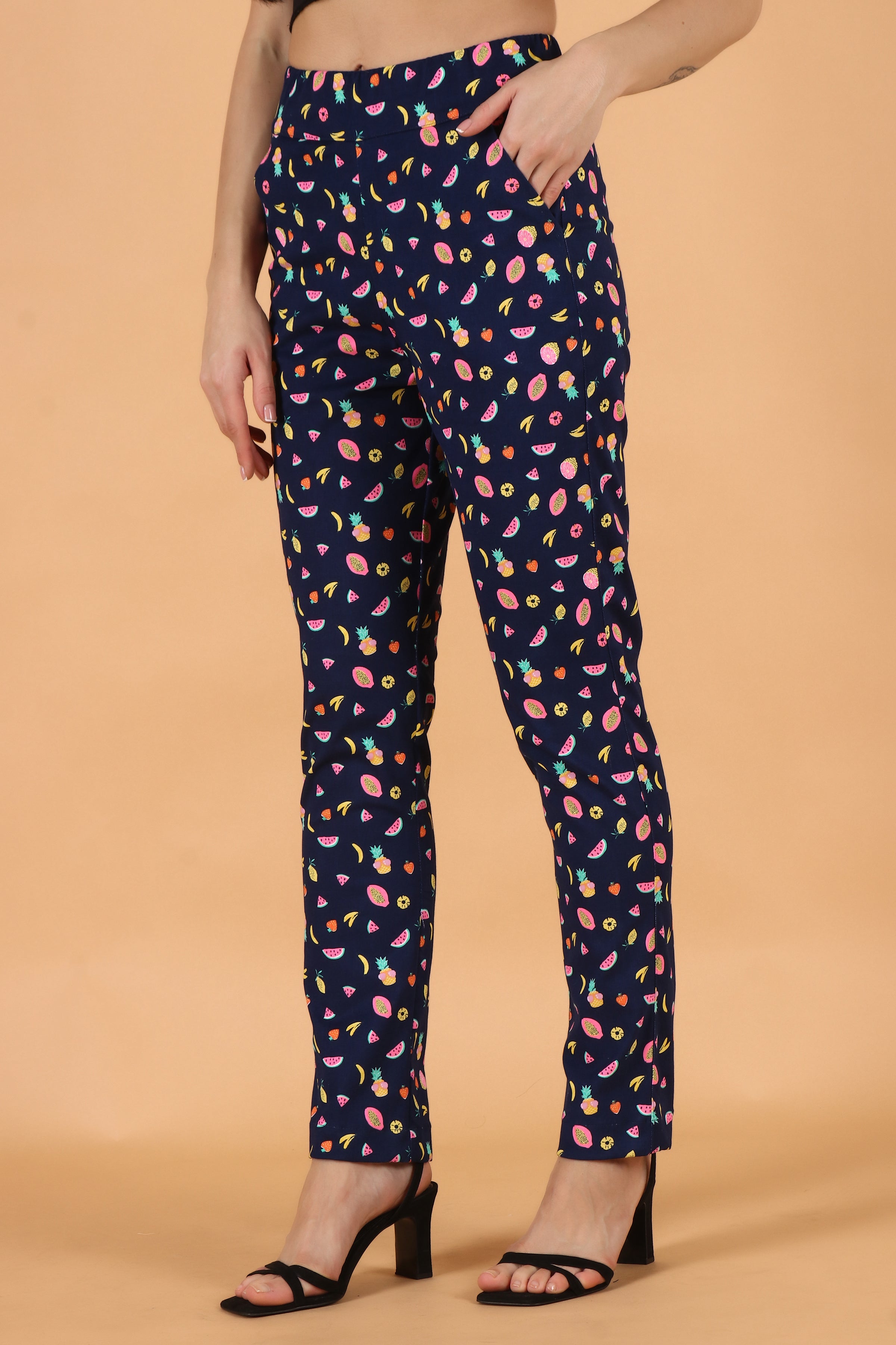 Buy SASSAFRAS Women Navy Blue  Golden Tapered Fit Printed Trousers   Trousers for Women 6991711  Myntra