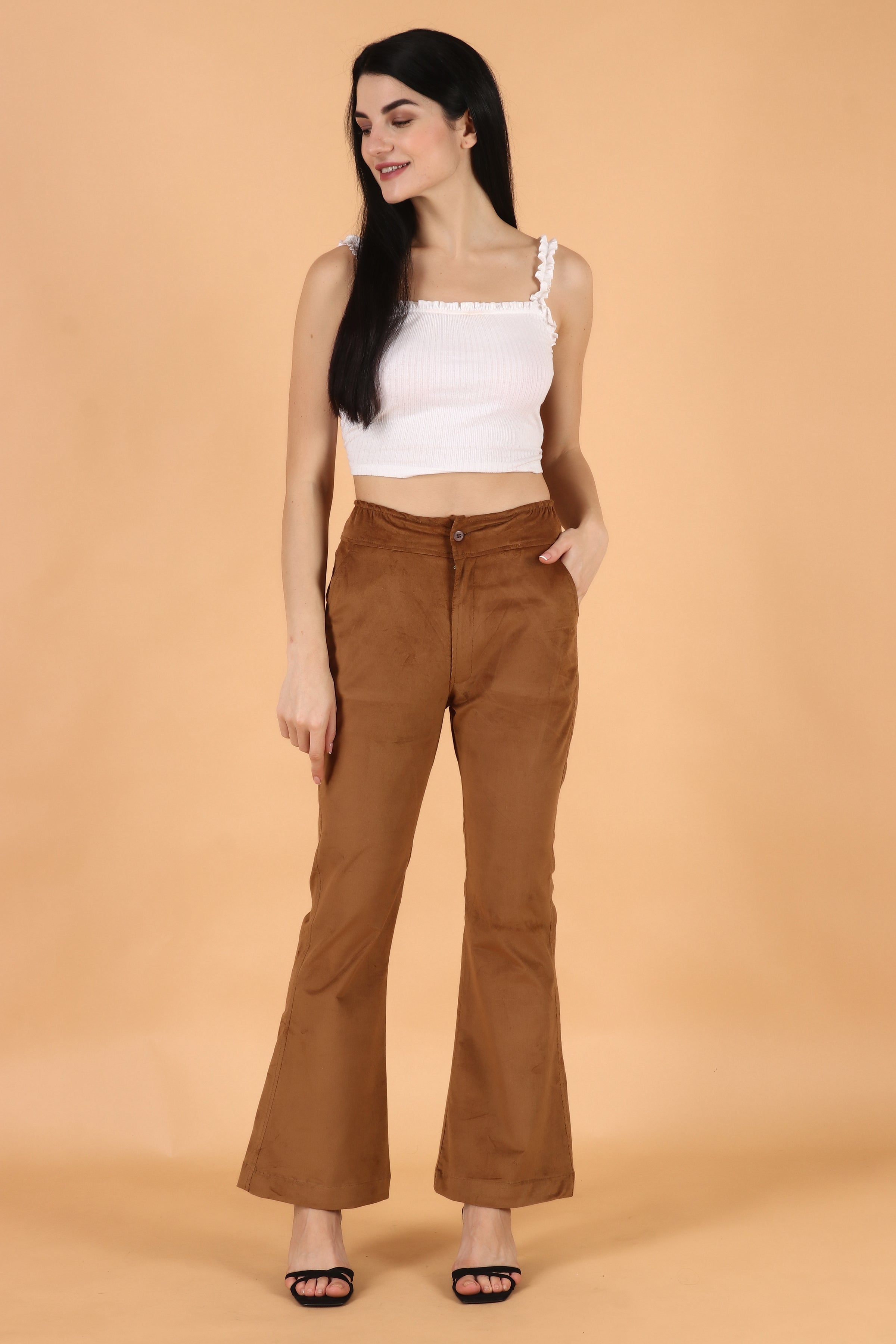 Buttons Apricot Black Flare Pants for Women Trousers Korean Fashion Casual  Office Lady Female High Waist