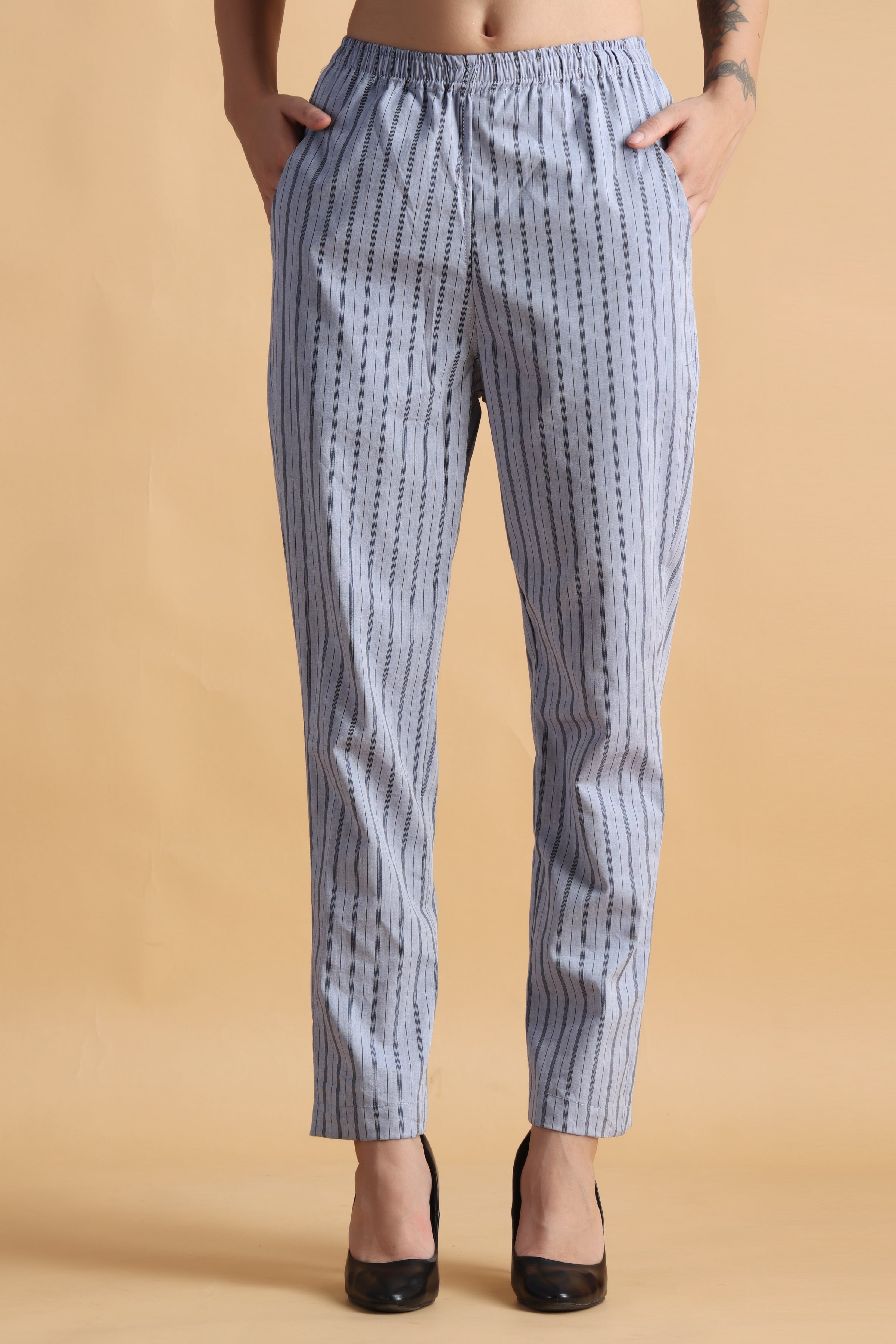 Buy Mr Bowerbird Men Navy Blue  White Tapered Fit Striped Regular Trousers   Trousers for Men 9929101  Myntra