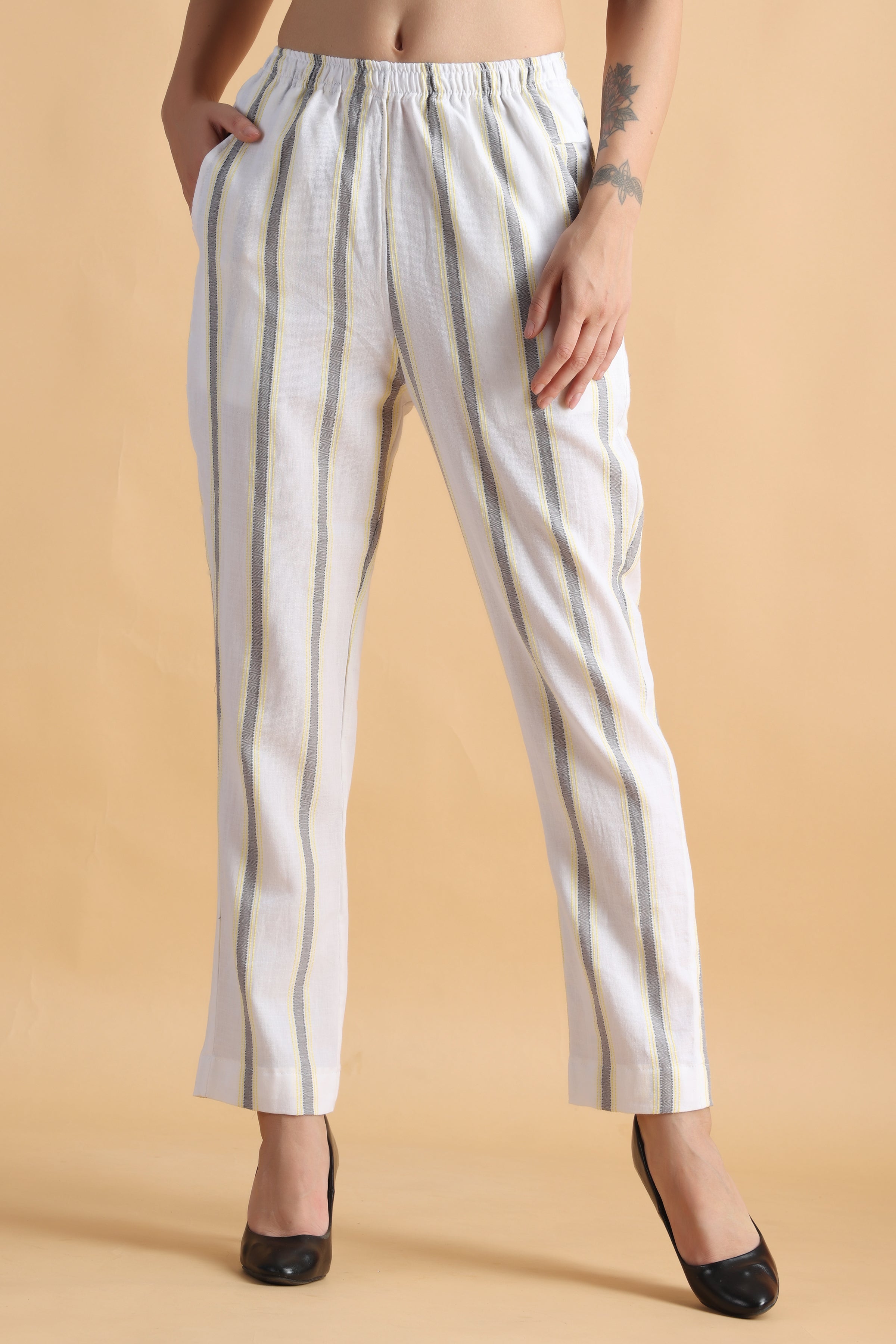 Cotton Flex Stripe Printed Regular Fit Casual Trouser Pants for Women   Yash Gallery