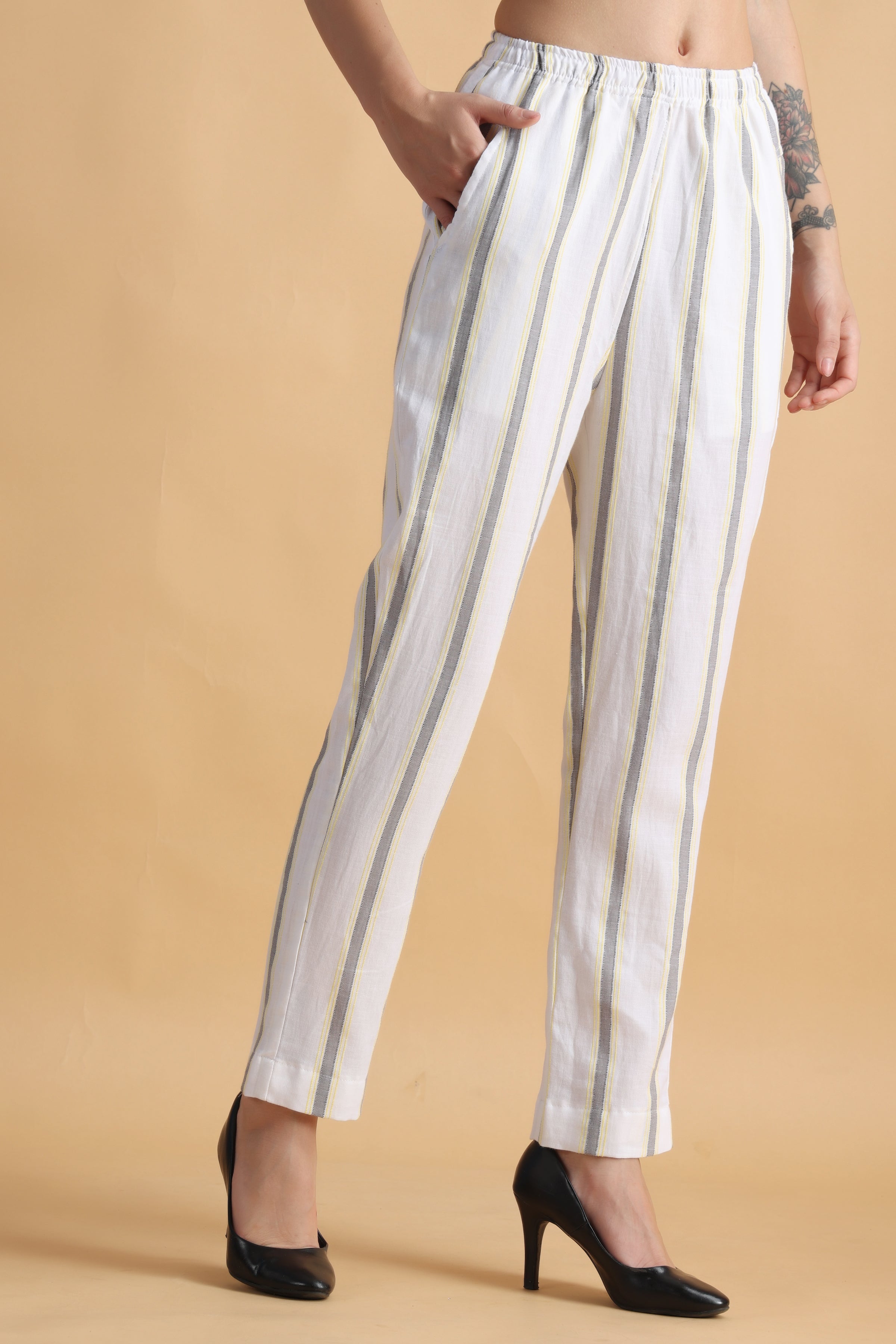 Buy Women Navy Blue  White Regular Fit Striped Trousers online   Looksgudin