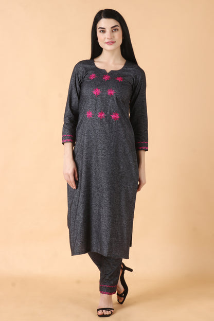 All Size, Brushed Cotton, Double Pockets, Drawstring, Dual Pockets, Elastic, Grey, Grey Kurta Set, Grey Woollen Kurta Set, One Side Pockets, Plus Size, Scoop Neck, Two Side Pockets, Warm Grey