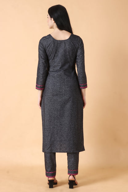 All Size, Brushed Cotton, Double Pockets, Drawstring, Dual Pockets, Elastic, Grey, Grey Kurta Set, Grey Woollen Kurta Set, One Side Pockets, Plus Size, Scoop Neck, Two Side Pockets, Warm Grey