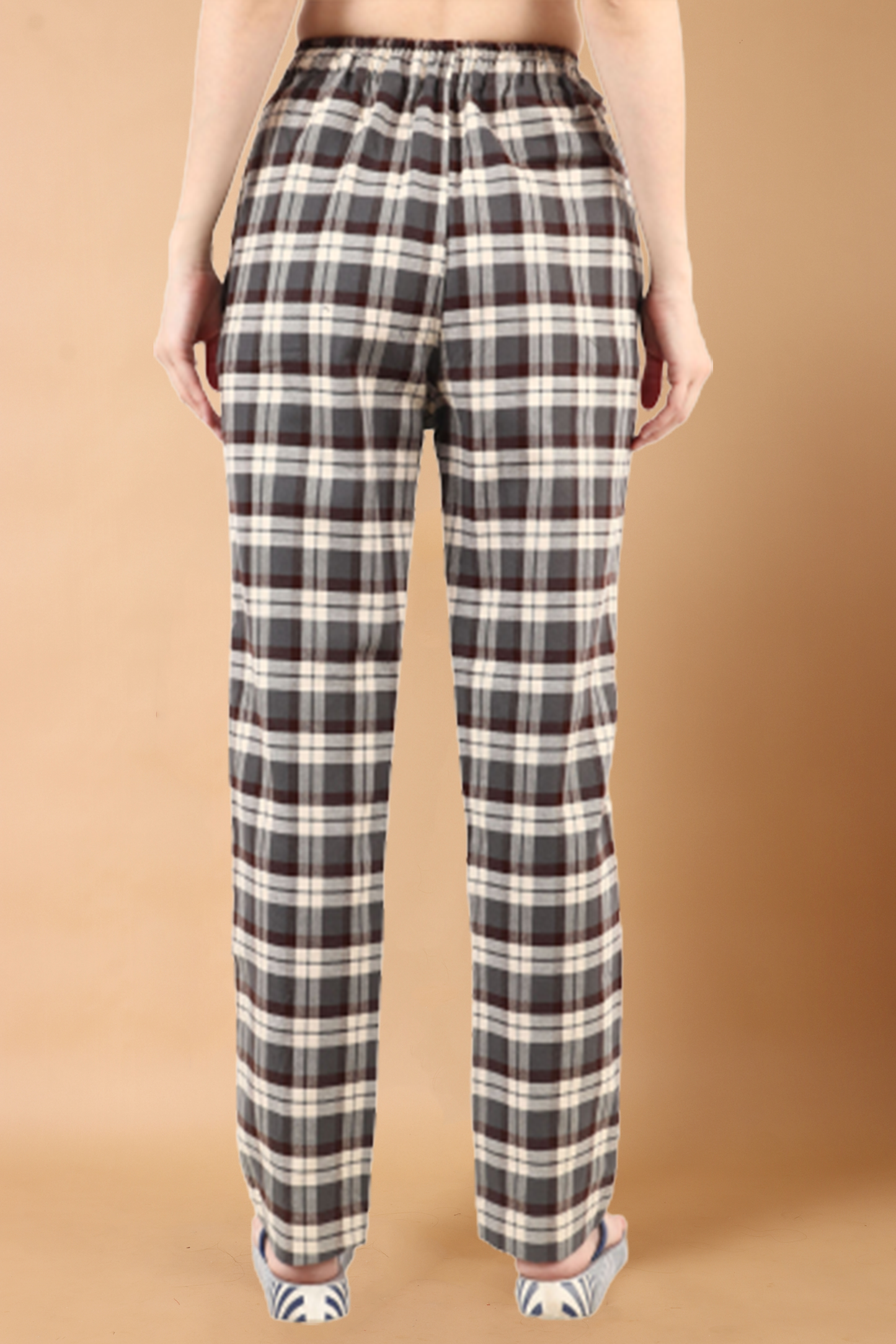 Women Plus Size Brushed Cotton Brown Checked Pajama Winter