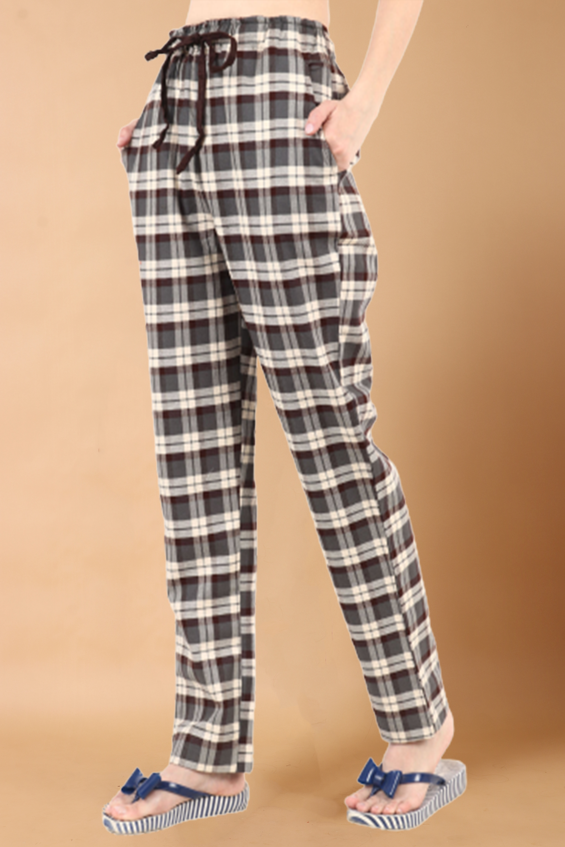 Ladies Coral Fleece Pants Winter Pyjamas PJS White Brown Stripe