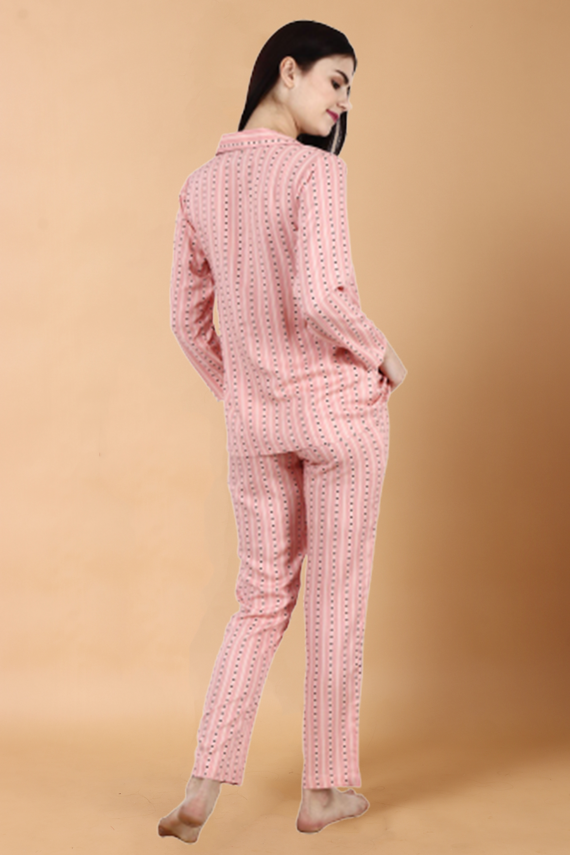 Women Plus Size Pink Striped Rayon Lounge & Nightwear Suit- Apella